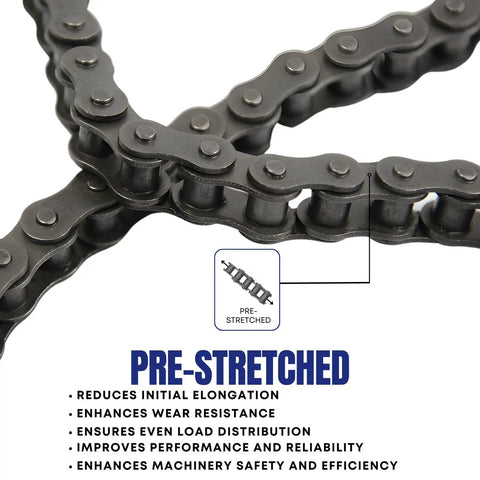 40 Roller Chain 10 Foot With One Connecting Link for Go Karts, Mini Bikes, Scooters, ATVs, Dirt Bikes and Industrial Machinery, 0.5 Inch Pitch, 4000 Lbs Tensile, 0.415 Lbs Per Foot, Precision Heat Treated. pre-stretched chain close-up