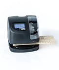 Automatic Date Time Stamp Machine For Office With Atomic Time Sync Secure Local Backup on desk stamping paper time sheets.