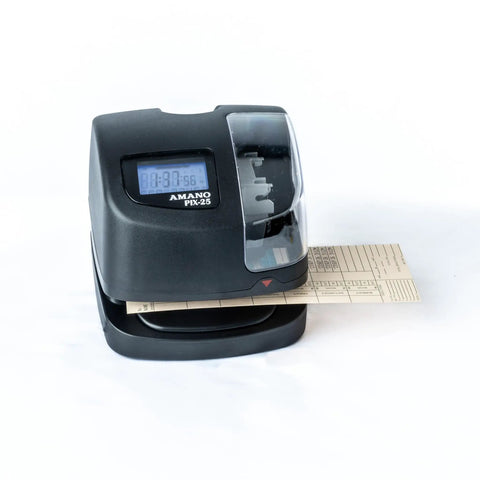 Automatic Date Time Stamp Machine For Office With Atomic Time Sync Secure Local Backup on desk stamping paper time sheets.