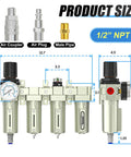 Product size diagram of Built Tough 4 Stage Air Drying System with Auto Drain shown with air coupler, air plug, and male pipe fittings.