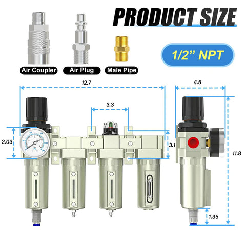 Product size diagram of Built Tough 4 Stage Air Drying System with Auto Drain shown with air coupler, air plug, and male pipe fittings.