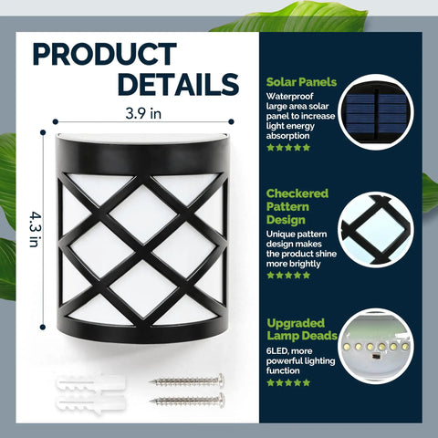 Product details showcasing dimensions of the Eight Pack Solar Fence Lights Cold White Outdoor Waterproof Wall Lights For Garden Yard Patio Front Door Garage Solar Powered No Wiring Required Crazy Easy Install Energy Efficient Pathway Lighting.
