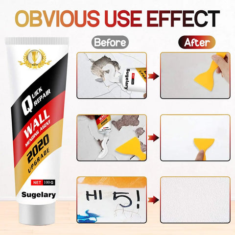 All In One Drywall Patch Repair Kit With Scraper For Quick Hole Dent And Scratch Fix On Walls Plaster And Wood Surfaces Easy Step By Step White Spackle showing before and after use.