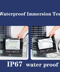 JUDYSSY Solar Flood Lights 65W100W120W150W waterproof immersion test showcasing an IP67 rating, demonstrating water resistance.