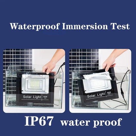JUDYSSY Solar Flood Lights 65W100W120W150W waterproof immersion test showcasing an IP67 rating, demonstrating water resistance.