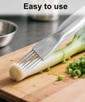 Front view of stainless steel multi-blade green onion crinkle cutter shredding scallions on cutting board