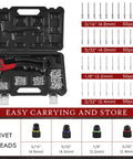 Heavy Duty Rivet Gun Kit with 4 tool-free interchangeable heads and carrying case; includes 200 rivets for DIY projects