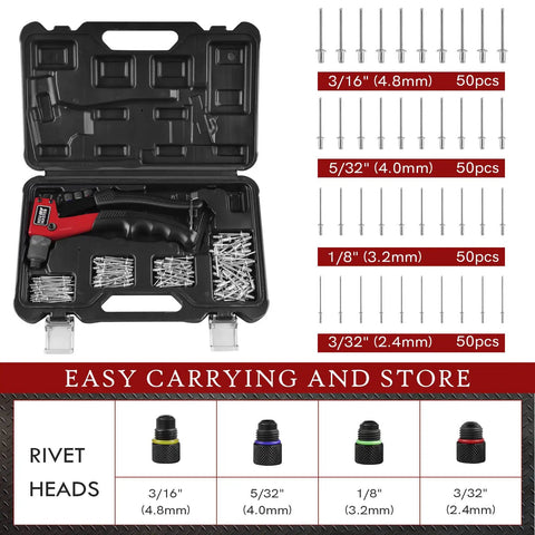 Heavy Duty Rivet Gun Kit with 4 tool-free interchangeable heads and carrying case; includes 200 rivets for DIY projects