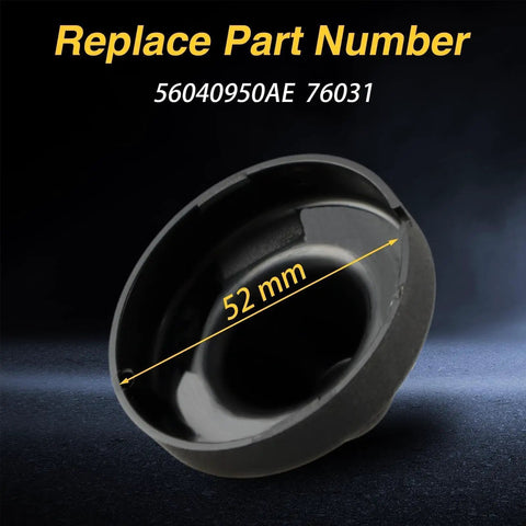Close-up of Jeep Wrangler and Gladiator antenna delete cap showing dimensions as 52 mm and replace part numbers 56040950AE, 76031.