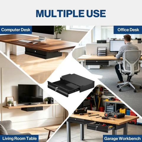 Heavy Duty Cold Rolled Steel Under Desk Drawer With Secure Lock And Slick Slide Out Tracks For Boss Level Paperwork And Tech Accessory Organization At Your Desk Station mounted under various desks.