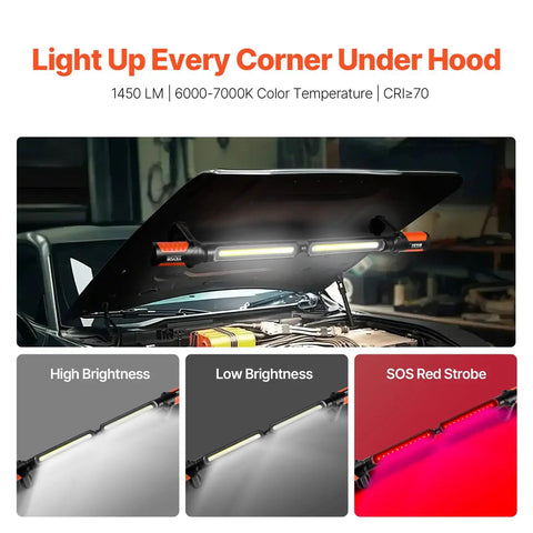 Cordless Mechanic Work Bar With Magnetic Base, 1450 Lumens Ultra Bright LED Underhood Light attached to car hood