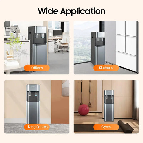 Bottom Loading Water Cooler Dispenser for 5 Gallon Bottles with Hot and Cold Water in various settings like offices and kitchens.