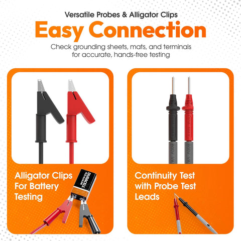 Auto Ranging Digital Multimeter For Grounding Tests On Sheets And Mats With No Guesswork Grounding Guide Carrying Case User Manual Large Backlit LCD And Easy Continuity Testing showing versatile probes and alligator clips for easy connection.