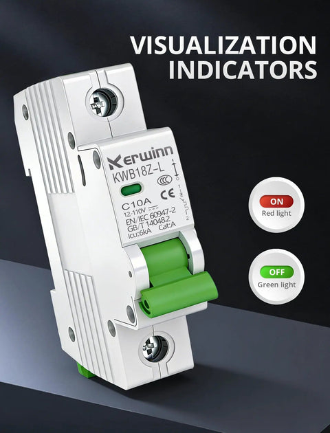 DC Miniature Circuit Breaker 12-110V DC 1 Pole 6A DIN Rail Mount for Battery Power Solar PV and RV Systems with Non Polar Arc Extinguishing Safety Feature LKB18Z-L-1P with green switch and indicators