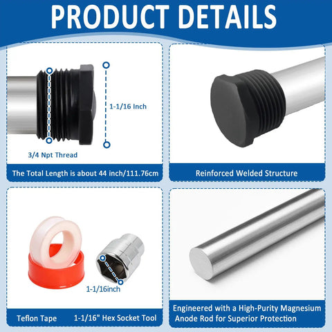 Product details of Forty Four Inch Flexible Magnesium Anode Rod For Hot Water Heaters Three Quarter Inch NPT Thread Point Eight Inch Diameter DIY Tank Lifesaver Includes Teflon Tape And One And One Sixteenth Inch Socket Tool Compatible With Most Major Brands.