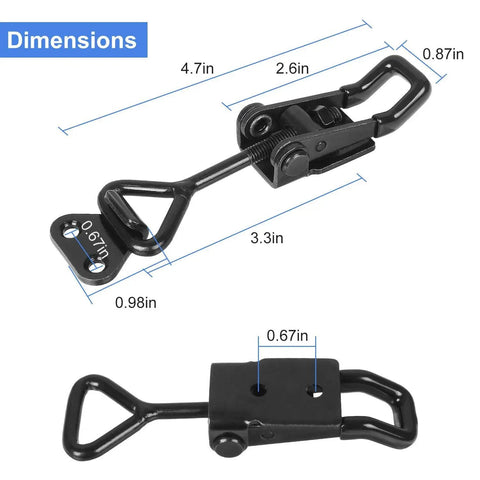 Built Like A Tank Heavy Duty Toggle Latch Clips That Lock Tight, 551 Pound Holding Capacity, Adjustable Black Galvanized Steel Lever Fasteners for dimensions and measurements.