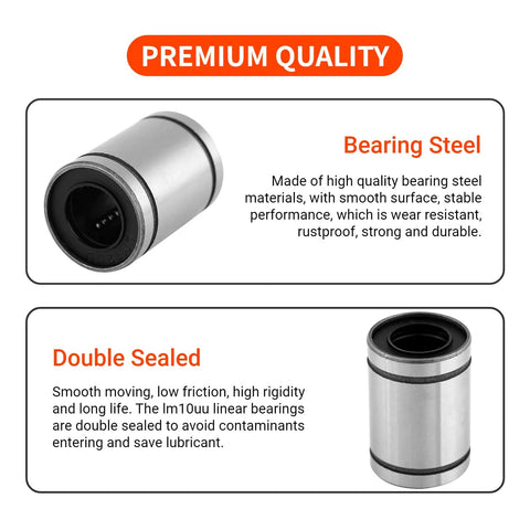 LM10UU linear bearings for 3D printers, premium quality, double sealed, rustproof, durable, made of high-quality bearing steel material.