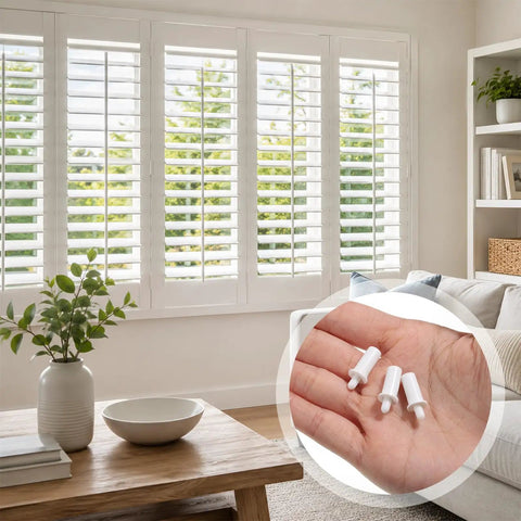 100 Count White Spring Loaded Shutter Pins Quick Snap Hardware For Plantation Window Shades shown in a home setting with a hand holding clips.