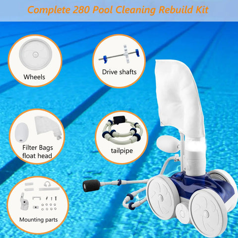 Pool Cleaner Rebuild Kit For Polaris 280 And 180 Series TankTrax BlackMax A49 Replacement Parts layout with pool background