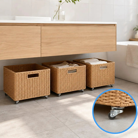 Three woven storage bins with Sweet Ride 8 Pack Mini Caster Wheels Half Inch Self Adhesive low profile smooth rollers underneath.