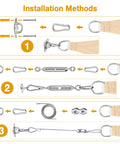 Illustration showing installation steps for Sun Shade Sail Hardware Kit For Rectangle And Triangle Sails Easy Install Canopy Setup 304 Stainless Steel Outdoor Garden Patio Accessories Set Includes 6 Inch M6 Turnbuckles And 4 6 Inch Cables