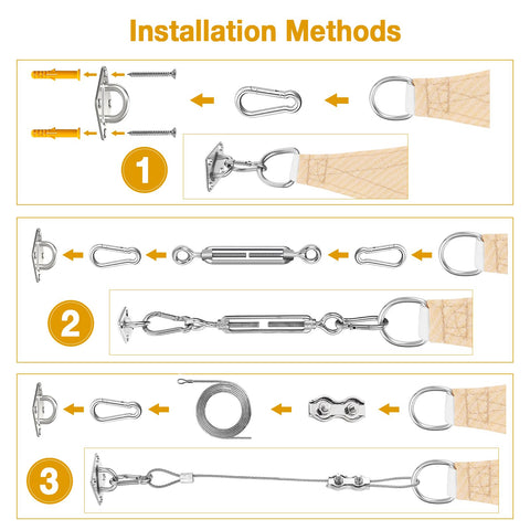 Illustration showing installation steps for Sun Shade Sail Hardware Kit For Rectangle And Triangle Sails Easy Install Canopy Setup 304 Stainless Steel Outdoor Garden Patio Accessories Set Includes 6 Inch M6 Turnbuckles And 4 6 Inch Cables