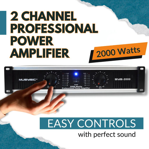 Powerhouse 2 Channel 2000W Professional Amplifier for DJ PA System front panel with control knobs and wattage display.