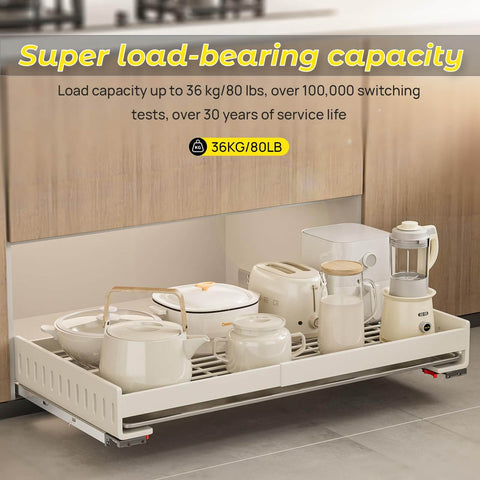 Bottom Mount Soft Close Drawer Slides With Full Extension Concealed Rails, 80 Lb Load Capacity, showing kitchen appliance storage