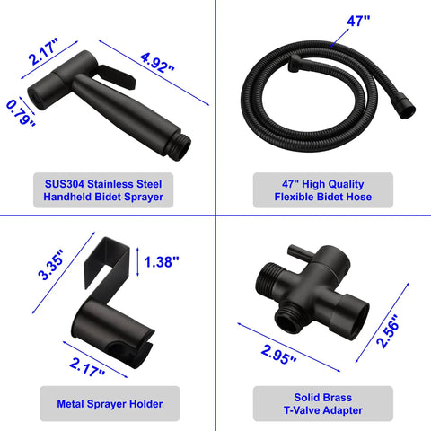 Diagram showing Matte Black Handheld Bidet Sprayer Kit for Toilet with Stainless Steel Sprayer Head, 47 Inch Hose, and Brass T-Valve.