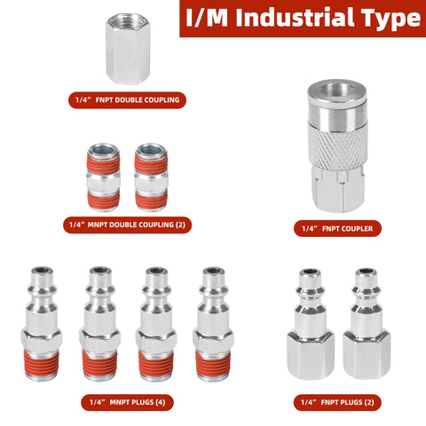 1/4 Inch Air Compressor Fittings Kit With Blow Gun, Tire Gauge And Air Chuck, 20-Piece showing various couplers and plugs