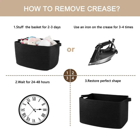 Instruction for removing creases from 95L Extra Large Blanket Basket For Living Room And Nursery 24 By 16.9 By 14.2 Inch Woven Storage Bin