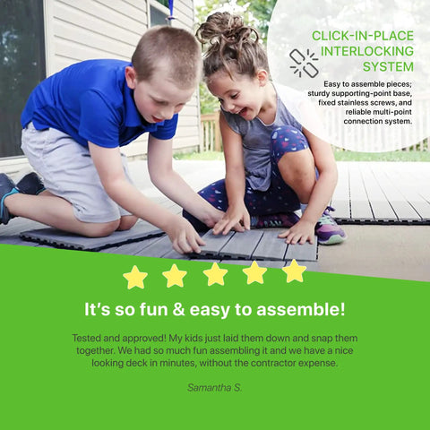Children assembling Interlocking Outdoor Composite Deck Tile 1 Ft By 1 Ft Quick Deck In Peruvian Teak, Ultra Durable HDPE Wood Fiber Core