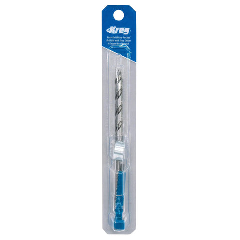 High Performance 19/64 Inch Micro Drill Bit With Rapid Adjust Stop Collar in packaging for compact pocket holes.