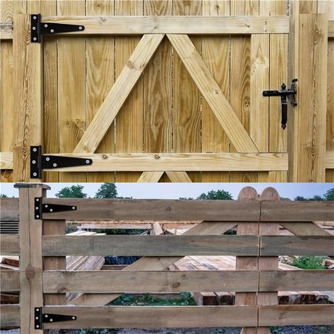 Six Pack Four Inch T Shaped Rust Proof Iron Light Shed Hinges For Doors And Cabinets on wooden gates