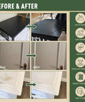 Before and after comparison showing White Touch Up Paint Pen For Wood Furniture Makeover on scratched table and cabinet.