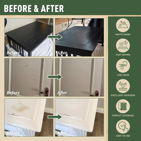 Before and after comparison showing White Touch Up Paint Pen For Wood Furniture Makeover on scratched table and cabinet.