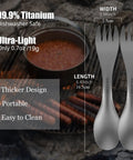 Ultralight Titanium 2 In 1 Fork And Spoon Spork For Camping 2 Pack Eco Friendly Backpacking Utensil with lengths and thickness details.