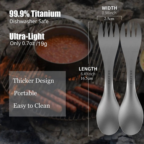 Ultralight Titanium 2 In 1 Fork And Spoon Spork For Camping 2 Pack Eco Friendly Backpacking Utensil with lengths and thickness details.