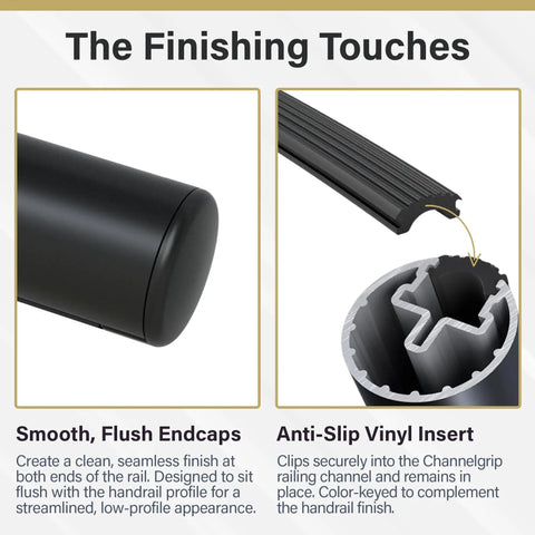 Top Tier Eight Foot Satin Black Aluminum Handrail Kit For Indoor Outdoor Stairs featuring smooth flush endcaps and anti-slip vinyl insert.