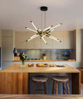 Dope Modern Black And Gold Sputnik Chandelier With 12 LED Heads Ultra Bright Ceiling Light in a Contemporary Kitchen.
