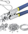 100Ft Wire Rope Crimping Tool Kit With 304 Stainless Steel Cable 7x7 Strand Core 1.5mm, tools, sleeves, and thimbles visible