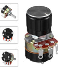 Two Pack 10K Ohm Linear Taper Rotary Potentiometers Dimmer Switches With Metal Knobs, front and side views