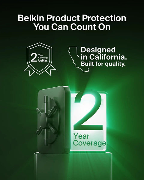 Safe and secure 2-year coverage badge, designed in California, with glowing shield icon in green light.