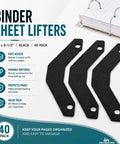 Slick Triangular Binder Sheet Lifters For Three Ring Binders Smooth Page Turners And Document Guards In Sharp Black Style Total Desk Game Changer With A Knockout Forty Pack Bundle crafted for standard eleven by eight point five inch paper displayed on a white background.