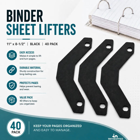 Slick Triangular Binder Sheet Lifters For Three Ring Binders Smooth Page Turners And Document Guards In Sharp Black Style Total Desk Game Changer With A Knockout Forty Pack Bundle crafted for standard eleven by eight point five inch paper displayed on a white background.