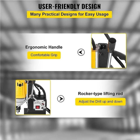 Badass Portable Magnetic Core Drill Powered By A Beast Mode 750W Copper Motor And Rock Hard 8500 Newtons Hold For Quick Steel Cutting and Heavy Duty Shop Fabrication Grinds, features ergonomic handle and rocker lifting rod.