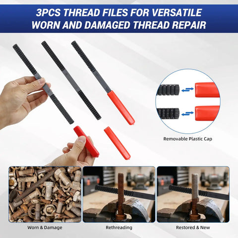 3pcs thread files with red handles from 61 Piece Thread Repair Kit For Auto Mechanics And DIYers With Taps Dies Files And Pitch Gauges Rethread Damaged Screws Bolts And Nuts In UNC UNF And Metric M6 To M14