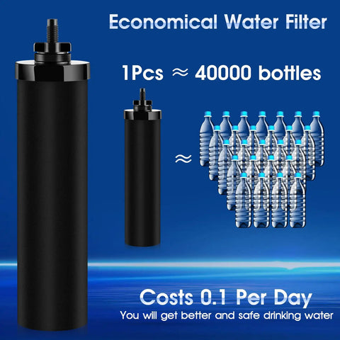 BB9-2 Water Filter Replacement For Berkey Gravity Purification Systems beside water bottles illustration