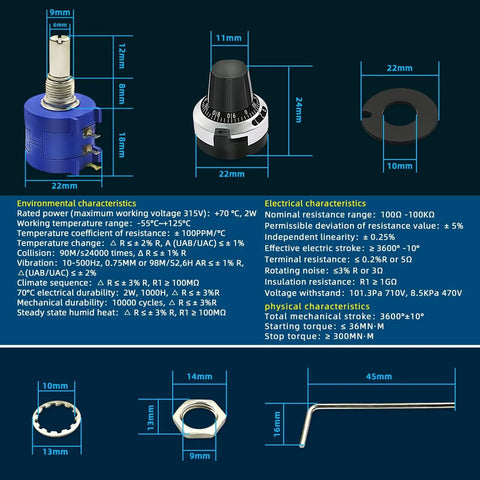 Pro Grade 10 Turn 1K Ohm Rotary Potentiometer With Wire Wound Precision showing components and dimensions, Model 3590S-2-102L.