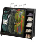 Wooden Golf Bag Organizer Rack Stand Holds 3 Extra Large Golf Bags And Accessories For Garage Home Office Or Simulator With Black Matte Finish Sturdy Multi Slot Storage 47.2 By 39.96 By 17.7 Inches displaying golf bags, shoes, and hats in organized slots